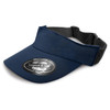 A navy blue sports visor with a black band and a branded logo on the front.