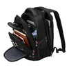 A black backpack with multiple compartments, featuring storage for a laptop, documents, and other accessories.