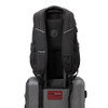 A black Swissdigital Neptune Backpack displaying padded straps and mesh detailing, designed for easy transport on luggage.