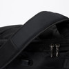 A black backpack with a padded shoulder strap and metal zippers, featuring mesh detailing.