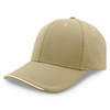 A beige cap with a rounded crown and a curved peak, featuring a logo on the front.