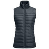 A padded women's vest in dark grey with a high collar and zip front, featuring a quilted design and no sleeves.