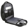A black backpack with multiple compartments, featuring padded sections for devices and organisational pockets.