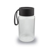 A drink bottle with a clear glass body and a black lid, featuring a flexible handle.