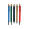A collection of five recycled cardboard pens in blue, green, black, brown, and red with silver accents.