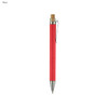 A red pen made from recycled cardboard with a bamboo accent and a metal clip. It features a branding logo.
