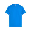 A bright blue t-shirt with short sleeves and a round neckline. It features a logo on the label.