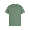 A green men's essential T-shirt features a classic crew neck and short sleeves, with a simple logo on the tag.