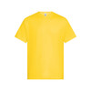 A yellow unisex T-shirt with a round neckline and short sleeves. It features a logo on the label.