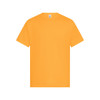 A plain orange t-shirt with short sleeves, featuring a logo on the tag.