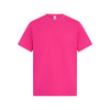 A bright pink T-shirt featuring a classic crew neck and short sleeves, with a branding logo on the label.