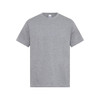 A grey men's essential T-shirt with a classic crew neck and short sleeves, featuring a logo.