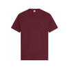 A maroon T-shirt with short sleeves, featuring a plain design and a logo on the label.