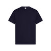 A navy blue T-shirt featuring short sleeves and a crew neckline, with a logo on the label.