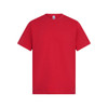 A red men's essential T-shirt with a crew neck and short sleeves, featuring a logo on the label.