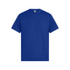 A blue men's essential t-shirt with a simple design and a logo on the label.