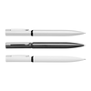 A set of three metal pens in silver, black, and white, featuring a sleek design and a logo on the silver pen.