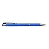 A blue pen with a textured finish and silver accents, featuring a clip and a branding logo.