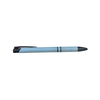 A slimline pen in blue with black accents, featuring a logo on the barrel. Made from wheat straw material.