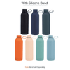 A drink bottle collection featuring various colours: black, navy, teal, orange, peach, and light blue, with a silicone band option.