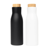 A drink bottle set featuring a black and a white thermos-style vacuum bottle, each with a bamboo lid.