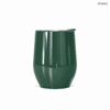 A green metal coffee cup with a sleek design and a lid, ideal for travel. Features a logo on the surface.