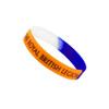 A silicone wristband featuring tri-colour design with blue, white, and orange sections and a logo.