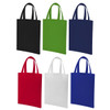 A collection of tote bags in black, green, navy, red, white, and blue, all featuring short handles and a logo.