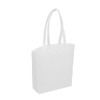 A white tote bag with long handles and a simple design, featuring a logo.