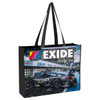 A black tote bag featuring a car design and a logo, with sturdy handles for easy carrying.