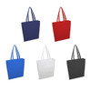 A collection of tote bags in navy, red, blue, white, and black, all featuring simple designs and handles.
