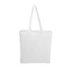 A white calico tote bag with long handles, featuring a simple design and an empty interior.