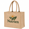 A beige laminated jute supermarket bag with two handles and a logo featuring leaves and a sun.