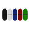 A set of five USB flash drives in black, white, blue, red, and green, each with a rounded capsule shape and a logo.