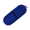 A blue USB flash drive with a sleek design and a black strap, featuring a branding logo.