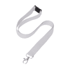 A flat ribbed lanyard in white, featuring a metal clip and a plastic buckle. Ideal for exhibitions and events.