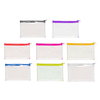 A collection of clear PVC pencil cases in various colours: red, purple, pink, yellow, green, and silver.
