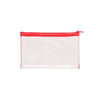 A clear PVC pencil case with a red zip, featuring a transparent design and a logo.