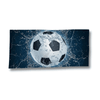 A sublimated sports towel featuring a soccer ball splashing in water, predominantly in blue and black colours, with a logo.