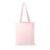 A pink tote bag with long handles, featuring a blank surface and a simple design. Includes a logo.