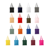 A collection of tote bags in various colours, including black, white, red, green, and purple, each with shoulder straps and branding.