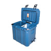 A blue 31L cooler box with wheels, featuring an open lid and a sturdy design. It includes a branding logo.