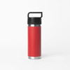 A drink bottle with a solid black handle, featuring a red body and stainless steel base. It has a logo on the side.