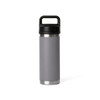 A drink bottle in grey with a solid black handle and a stainless steel base, featuring a logo.