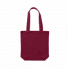 A maroon canvas tote bag with two shoulder straps and a plain design. It features a logo on one side.