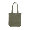 An olive green canvas tote bag with two handles and a simple design. It features a logo on its surface.