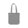 A grey canvas tote bag with two sturdy handles and an interior space, featuring a logo on the side.