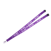 A purple dye sublimated lanyard with a swivel clip, featuring a logo and text design.
