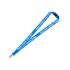 A blue flat ribbed lanyard, 15mm wide, featuring a swivel clip and a logo.