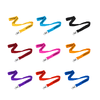 A collection of flat ribbed lanyards in various colours: yellow, black, red, pink, purple, and blue, each with a swivel clip.